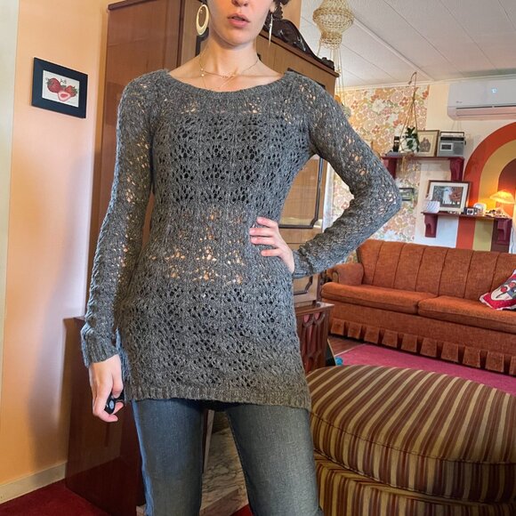 Y2K LAYERING Grey crochet knitted tunic long sleeve sweater - Picture 8 of 13